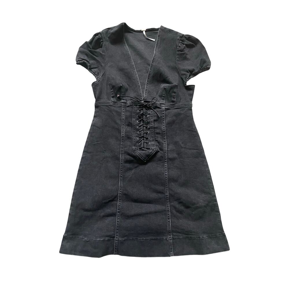 Free People Womens Denim Black Mini Dress V Neck Stretchy Size 2 Dark Fem Flirty